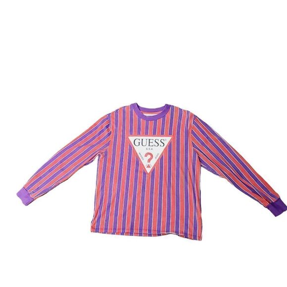 Y2K Guess Retro Red Purple Striped Classic Logo Long Sleeve T-shirt - Picture 1 of 16